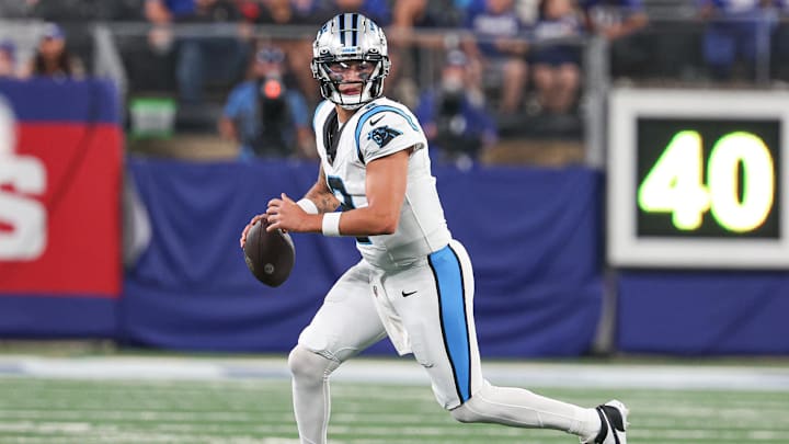 Aug 18, 2023; East Rutherford, New Jersey, USA; Carolina Panthers quarterback Matt Corral (2) scrambles during the second half against the New York Giants at MetLife Stadium. Mandatory Credit: Vincent Carchietta-Imagn Images