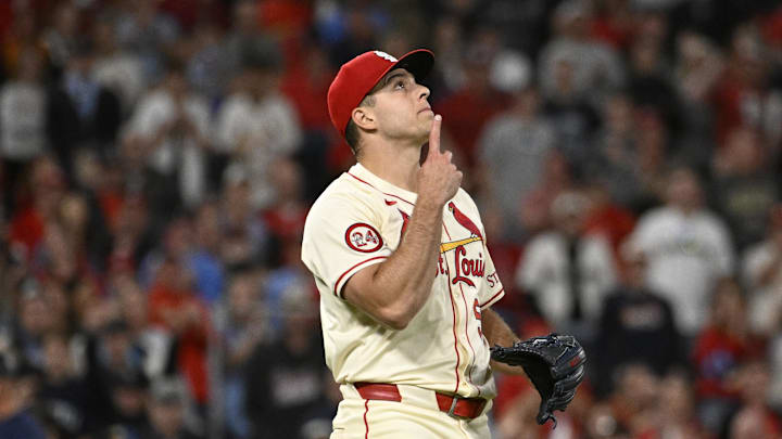 St. Louis Cardinals relief pitcher Ryan Helsley (56) reacts after beating the Seattle Mariners 2-0 at Busch Stadium on Sept 7.