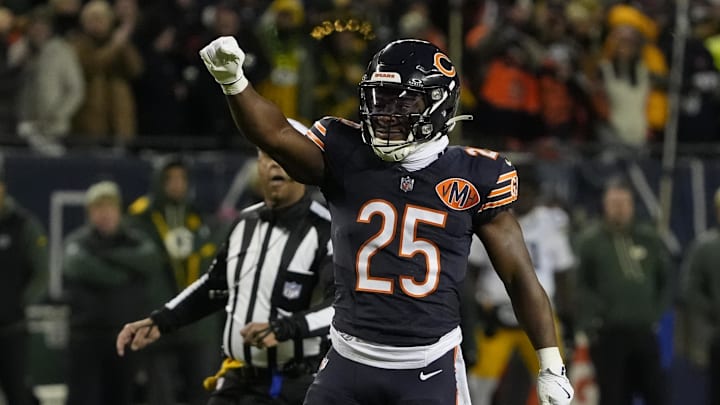 Jan 10, 2026; Chicago, IL, USA;  Chicago Bears running back Kyle Monangai (25) reacts after a first down carry against the Green Bay Packers during the first half of an NFC Wild Card Round game at Soldier Field. Mandatory Credit: David Banks-Imagn Images