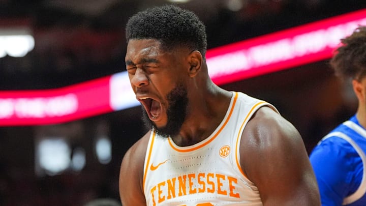 Tennessee forward Jaylen Carey (23) yells in celebration after scoring a basket during a NCAA basketball game between the Tennessee Volunteers and Kentucky Wildcats at Thompson-Boling Arena at Food City Center in Knoxville, Tenn., on Jan. 17, 2026.