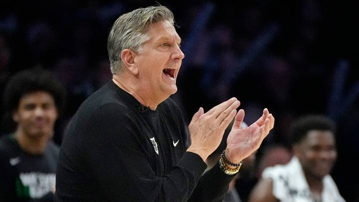 Apr 23, 2026; Minneapolis, Minnesota, USA; Minnesota Timberwolves head coach Chris Finch cheers on his team as they play the Denver Nuggets in the fourth quarter at Target Center. Mandatory Credit: Bruce Kluckhohn-Imagn Images Apr 23, 2026; Minneapolis, Minnesota, USA; Minnesota Timberwolves head coach Chris Finch cheers on his team as they play the Denver Nuggets in the fourth quarter at Target Center. Mandatory Credit: Bruce Kluckhohn-Imagn Images