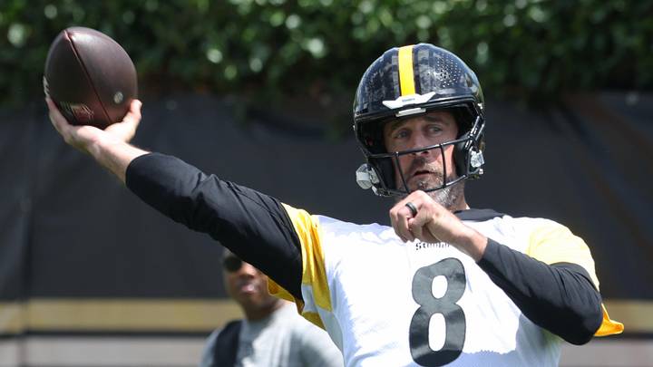 May 28, 2026; Pittsburgh, PA, USA;  Pittsburgh Steelers quarterback Aaron Rodgers (8) participates in OTA  drills at the UPMC Rooney Sports Complex. Mandatory Credit: Charles LeClaire-Imagn Images