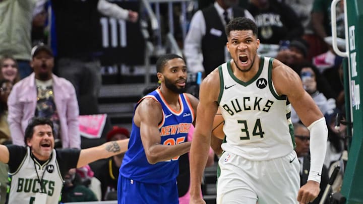 Oct 28, 2025; Milwaukee, Wisconsin, USA; Milwaukee Bucks forward Giannis Antetokounmpo (34) reacts after scoring a basket in the 3rd quarter against the New York Knicks at Fiserv Forum. Mandatory Credit: Benny Sieu-Imagn Images Oct 28, 2025; Milwaukee, Wisconsin, USA; Milwaukee Bucks forward Giannis Antetokounmpo (34) reacts after scoring a basket in the 3rd quarter against the New York Knicks at Fiserv Forum. Mandatory Credit: Benny Sieu-Imagn Images