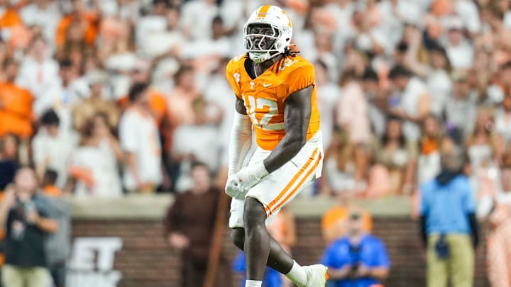 Oct 12, 2024; Knoxville, Tennessee, USA; Tennessee Volunteers defensive lineman Tyre West (42) yells in celebration after a play against the Florida Gators at Neyland Stadium. Mandatory Credit: Angelina Alcantar/USA TODAY Network via Imagn Images Oct 12, 2024; Knoxville, Tennessee, USA; Tennessee Volunteers defensive lineman Tyre West (42) yells in celebration after a play against the Florida Gators at Neyland Stadium. Mandatory Credit: Angelina Alcantar/USA TODAY Network via Imagn Images