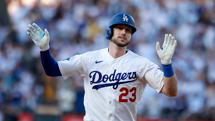 Jun 15, 2026; Los Angeles, California, USA; Los Angeles Dodgers right fielder Kyle Tucker (23) celebrates while running the bases after hitting a three-run home run in the second inning against the Tampa Bay Rays at Dodger Stadium. Mandatory Credit: William Navarro-Imagn Images