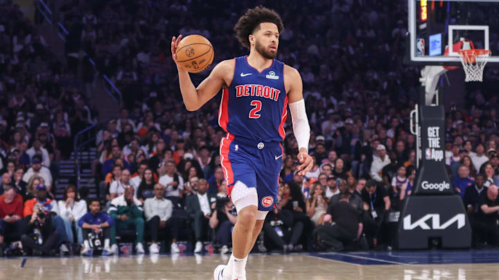 Apr 19, 2025; New York, New York, USA; Detroit Pistons guard Cade Cunningham (2) bring the ball up court in Game One of the First Round of the NBA Playoffs against the New York Knicks at Madison Square Garden. Mandatory Credit: Wendell Cruz-Imagn Images Apr 19, 2025; New York, New York, USA; Detroit Pistons guard Cade Cunningham (2) bring the ball up court in Game One of the First Round of the NBA Playoffs against the New York Knicks at Madison Square Garden. Mandatory Credit: Wendell Cruz-Imagn Images