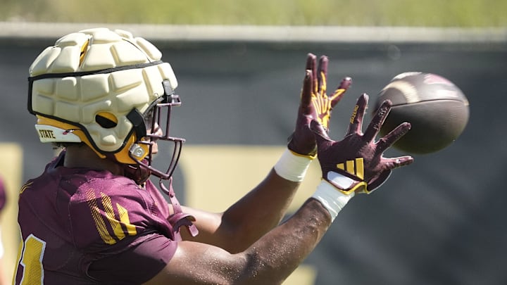 Arizona State wide receiver Uriah Neloms (81) runs a drill during football practice at Kajikawa practice fields in Tempe on Aug 1, 2025.