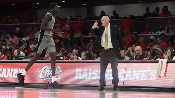 Feb 28, 2026; Houston, Texas, USA; Colorado Buffaloes head coach Tad Boyle coaches against the Houston Cougars  in the first half at Fertitta Center. Mandatory Credit: Thomas Shea-Imagn Images