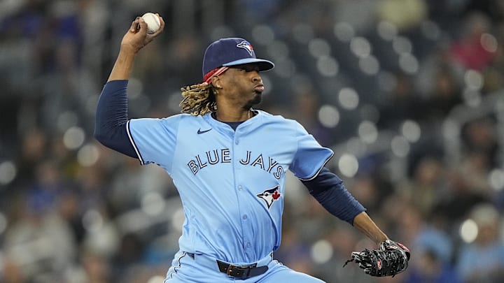 May 29, 2025; Toronto, Ontario, CAN; Toronto Blue Jays pitcher Jose Urena (48) pitches to the Athletics during the eighth inning at Rogers Centre. Mandatory Credit: John E. Sokolowski-Imagn Images