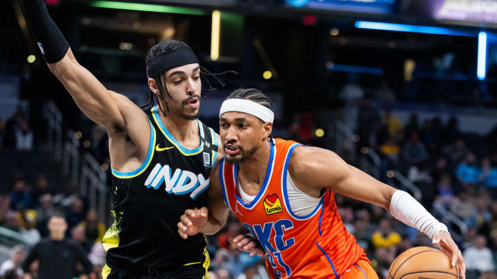 Apr 5, 2024; Indianapolis, Indiana, USA; Oklahoma City Thunder guard Aaron Wiggins (21) dribbles the