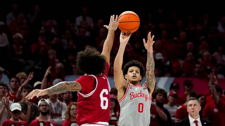 Ohio State Buckeyes guard John Mobley Jr. (0) shoots the ball against Indiana Hoosiers guard Tayton Conerway (6) in the second half of the NCAA game at Value City Arena on Saturday, March 7, 2026 in Columbus, Ohio.