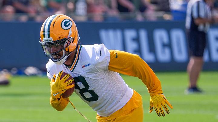 Green Bay Packers running back Josh Jacobs (8) runs through a drill during the second day of training camp Thursday, July 30, 2026, at the Don Hutson Center in Ashwaubenon, Wisconsin.