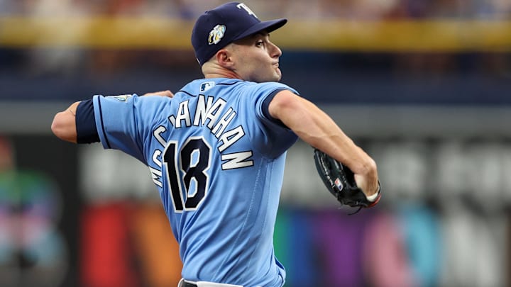 Tampa Bay Rays starting pitcher Shane McClanahan (18) throws a pitch  against the Texas Rangers in the second inning at Tropicana Field in 2023.
