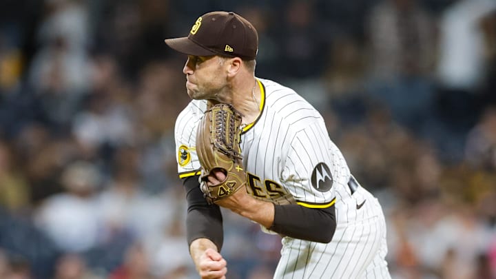 May 13, 2025; San Diego, California, USA; San Diego Padres relief pitcher Jason Adam (40) throws a pitch during the ninth inning against the against the Los Angeles Angels at Petco Park. Mandatory Credit: David Frerker-Imagn Images