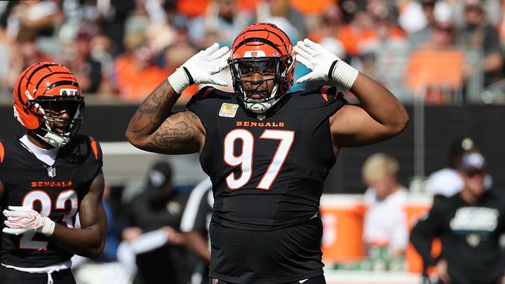 Oct 4, 2026; Cincinnati, Ohio, USA;  Cincinnati Bengals defensive tackle Dexter Lawrence II (97) gestures during the third quarter against the Jacksonville Jaguars at Paycor Stadium.  Mandatory Credit: Joseph Maiorana-Imagn Images