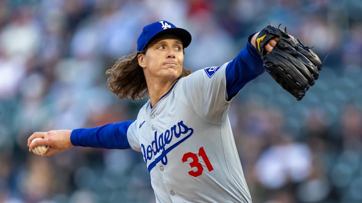 Los Angeles Dodgers starting pitcher Tyler Glasnow (31) delivers a pitch against the Minnesota Twins in the first inning at Target Field in Minneapolis on April 9, 2024. 