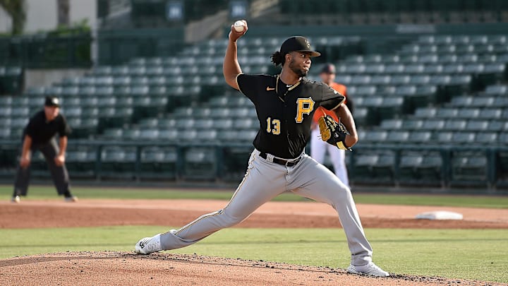(FCL) Pirates' Wilber Dotel, pitching. The Florida Complex League (FCL) Orioles played their first night game against the (FCL) Pirates at Sarasota's Ed Smith Stadium on Friday, July 15, 2022. Admission is free and you can bring your own food. For more up-coming games, check out the schedules of the Florida Complex League visit, mlb.com/orioles/spring-training/minor-leagues.

Sar Fcl Baseball 27