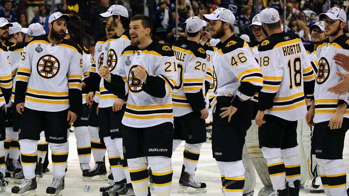 June 15, 2011; Vancouver, BC, CANADA; The Boston Bruins celebrate after defeating the Vancouver Canucks 4-0 in game seven of the 2011 Stanley Cup finals at Rogers Arena. Mandatory Credit: Anne-Marie Sorvin-Imagn Images June 15, 2011; Vancouver, BC, CANADA; The Boston Bruins celebrate after defeating the Vancouver Canucks 4-0 in game seven of the 2011 Stanley Cup finals at Rogers Arena. Mandatory Credit: Anne-Marie Sorvin-Imagn Images