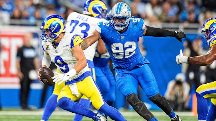 Detroit Lions defensive end Marcus Davenport (92) pressures Los Angeles Rams quarterback Matthew Stafford (9) during the first half at Ford Field in Detroit on Sunday, September 8, 2024.