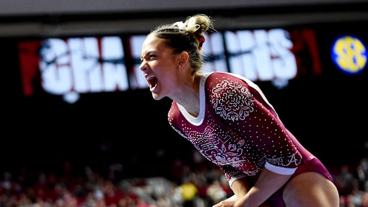 Mar 8, 2024; Tuscaloosa, Alabama, USA; Alabama gymnast Gabby Gladieux celebrates after her beam dismount during a quad meet with Illinois, Minnesota, and Talladega at Coleman Coliseum. Mar 8, 2024; Tuscaloosa, Alabama, USA; Alabama gymnast Gabby Gladieux celebrates after her beam dismount during a quad meet with Illinois, Minnesota, and Talladega at Coleman Coliseum.