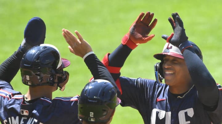 Jul 7, 2024; Cleveland, Ohio, USA; Cleveland Guardians catcher Bo Naylor (23) celebrates his three-run, pinch-hit home run in the sixth inning against the San Francisco Giants at Progressive Field. Jul 7, 2024; Cleveland, Ohio, USA; Cleveland Guardians catcher Bo Naylor (23) celebrates his three-run, pinch-hit home run in the sixth inning against the San Francisco Giants at Progressive Field.