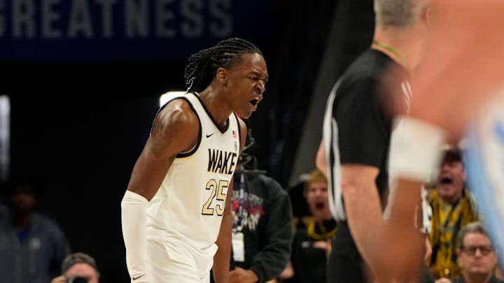 Mar 13, 2025; Charlotte, NC, USA; Wake Forest Demon Deacons forward Tre'Von Spillers (25) reacts in the first half at Spectrum Center. Mandatory Credit: Bob Donnan-Imagn Images