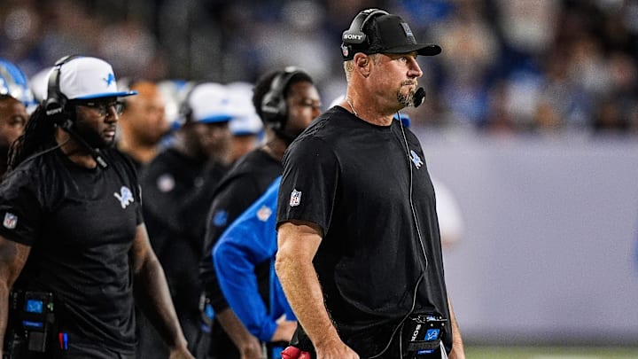 Detroit Lions head coach Dan Campbell watches a play against LA Chargers during the second half of the Hall of Fame Game at Tom Benson Hall of Fame Stadium in Canton, Ohio on Thursday, July 31, 2025.