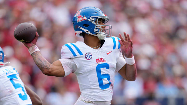 Ole Miss Rebels quarterback Trinidad Chambliss (6) throws a pass during a college football game between the University of Oklahoma Sooners (OU) and the Ole Miss Rebels at Gaylord Family Ð Oklahoma Memorial Stadium in Norman, Okla., Saturday, Oct. 25, 2025. Ole Miss won 34-26.