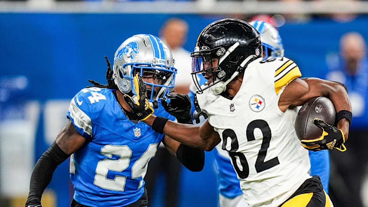 Pittsburgh Steelers wide receiver Dez Fitzpatrick (82) runs against Detroit Lions cornerback Steven Gilmore (24) during the second half of a preseason game at Ford Field in Detroit on Saturday, August 24, 2024.