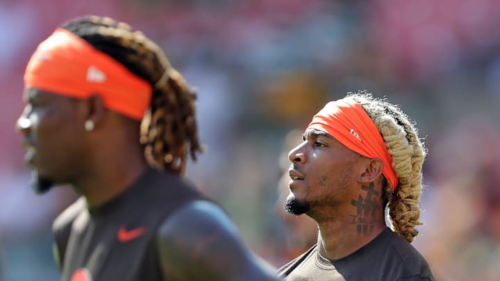 Cleveland Browns wide receiver Isaiah Bond (16) warms up before an NFL football game at Huntington Bank Field, Sept. 21, 2025, in Cleveland, Ohio.
