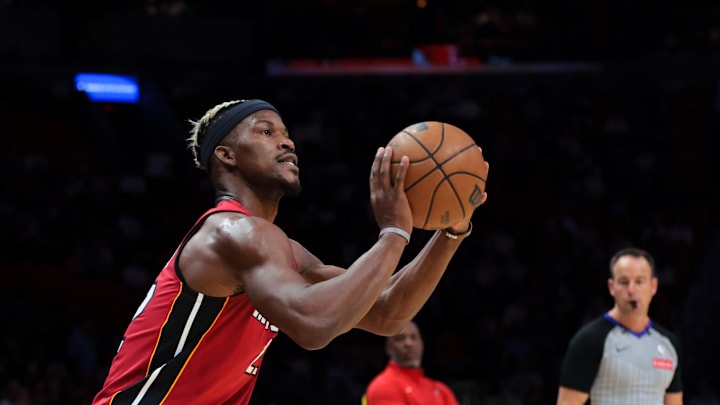 Jan 21, 2025; Miami, Florida, USA; Miami Heat forward Jimmy Butler (22) shoots the basketball against the Portland Trail Blazers during the first quarter at Kaseya Center. Mandatory Credit: Sam Navarro-Imagn Images