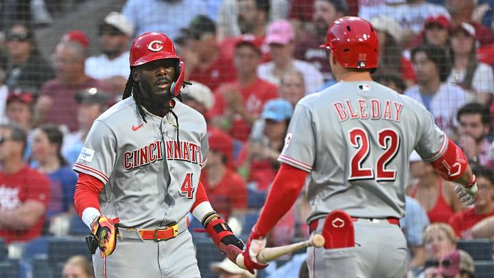 May 19, 2026; Philadelphia, Pennsylvania, USA; Cincinnati Reds shortstop Elly de la Cruz (44) celebrates with left fielder JJ Bleday (22) after scoring a run during the fourth inning against the Philadelphia Phillies at Citizens Bank Park. Mandatory Credit: Eric Hartline-Imagn Images