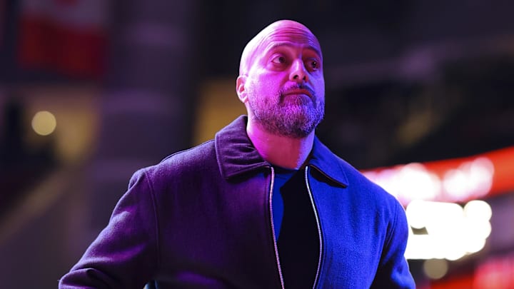 Dec 5, 2025; Houston, Texas, USA; Houston Rockets general manager Rafael Stone walks on the court before the game against the Phoenix Suns at Toyota Center. Mandatory Credit: Troy Taormina-Imagn Images