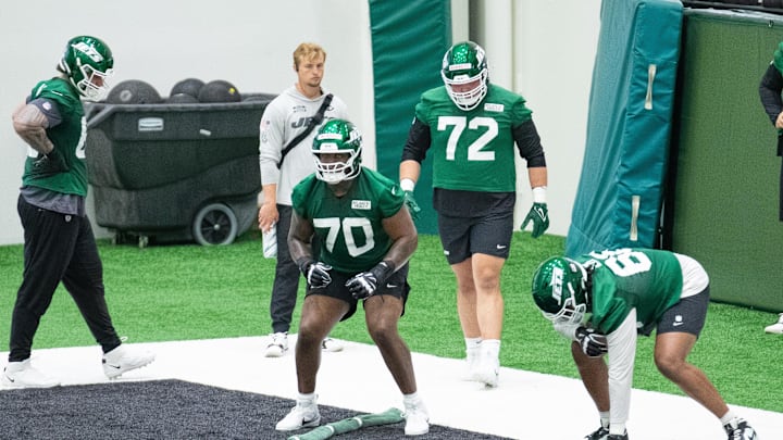 May 9, 2025; Florham Park, NJ, USA; New York Jets rookie offensive tackle Armand Membou (70) participates in a drill during the minicamp at Atlantic Health Jets Training Center. Mandatory Credit: Thomas Salus-Imagn Images