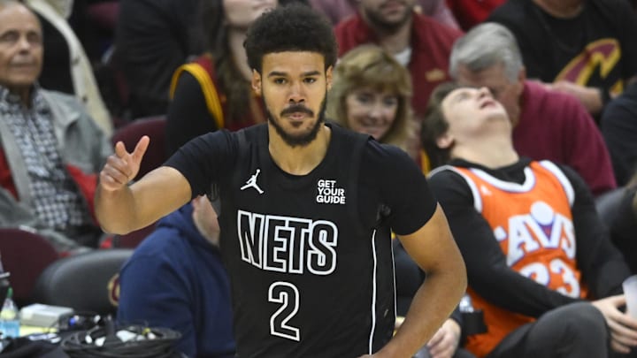 Nov 9, 2024; Cleveland, Ohio, USA; Brooklyn Nets forward Cameron Johnson (2) celebrates a basket in the fourth quarter against the Cleveland Cavaliers at Rocket Mortgage FieldHouse. Mandatory Credit: David Richard-Imagn Images