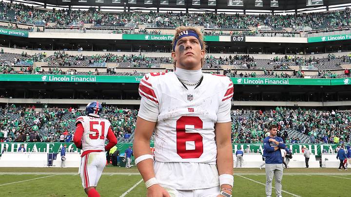 Oct 26, 2025; Philadelphia, Pennsylvania, USA; New York Giants quarterback Jaxson Dart (6) looks on after a loss to the Philadelphia Eagles at Lincoln Financial Field.
