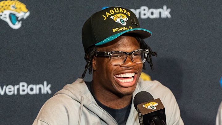 The Jacksonville Jaguars first-round pick, Colorado Buffaloes wide receiver and defensive back Travis Hunter answers questions during a press conference Friday, March 25, 2025 at Miller Electric Center in Jacksonville, Fla. [Doug Engle/Florida Times-Union]