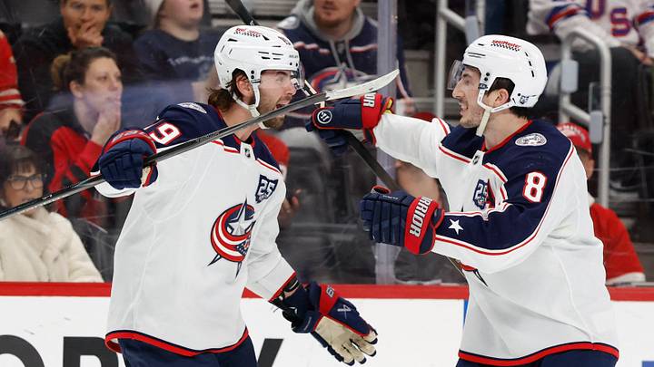 Apr 7, 2026; Detroit, Michigan, USA; Columbus Blue Jackets center Adam Fantilli (19) right defenseman Zach Werenski (8) after scoring in the third period against the Detroit Red Wingsat Little Caesars Arena. Mandatory Credit: Rick Osentoski-Imagn Images Apr 7, 2026; Detroit, Michigan, USA; Columbus Blue Jackets center Adam Fantilli (19) right defenseman Zach Werenski (8) after scoring in the third period against the Detroit Red Wingsat Little Caesars Arena. Mandatory Credit: Rick Osentoski-Imagn Images