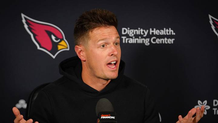 Arizona Cardinals head coach Mike LaFleur speaks during a press conference at the Arizona Cardinals training facility in Tempe, Ariz. on June 10, 2026.