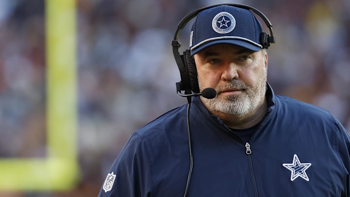 Nov 24, 2024; Landover, Maryland, USA; Dallas Cowboys  head coach Mike McCarthy stands on the sidelines against the Washington Commanders during the third quarter at Northwest Stadium. Mandatory Credit: Geoff Burke-Imagn Images