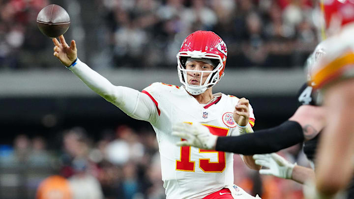 Oct 27, 2024; Paradise, Nevada, USA; Kansas City Chiefs quarterback Patrick Mahomes (15) makes a pass attempt against the Las Vegas Raiders during the fourth quarter at Allegiant Stadium. Mandatory Credit: Stephen R. Sylvanie-Imagn Images