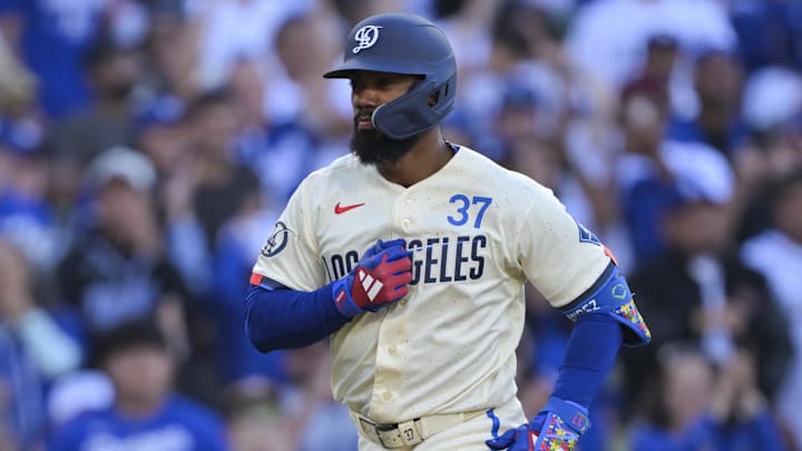 Apr 11, 2026; Los Angeles, California, USA; Los Angeles Dodgers right fielder Teoscar Hernandez (37) rounds the bases after hitting a three-run home run against the Texas Rangers during the first inning at Dodger Stadium. Mandatory Credit: Jayne Kamin-Oncea-Imagn Images