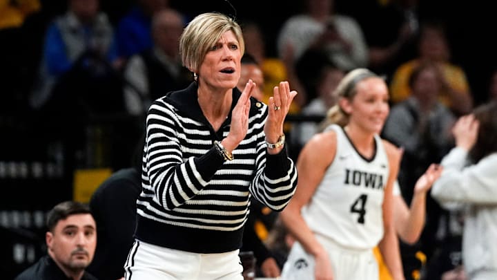 Iowa head coach Jan Jensen instructs her team Nov. 3, 2025 during a women’s college basketball game against the Southern Jaguars at Carver-Hawkeye Arena in Iowa City, Iowa.