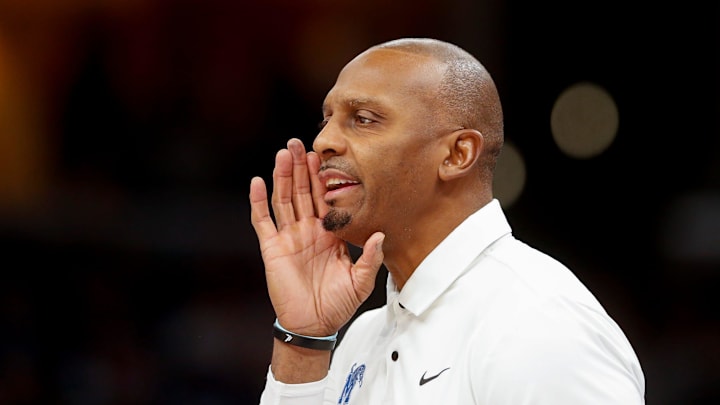 Memphis' head coach Penny Hardaway shouts to one of his players during the game between Florida Atlantic University and University of Memphis at FedExForum in Memphis, Tenn., on Sunday, February 25, 2024.