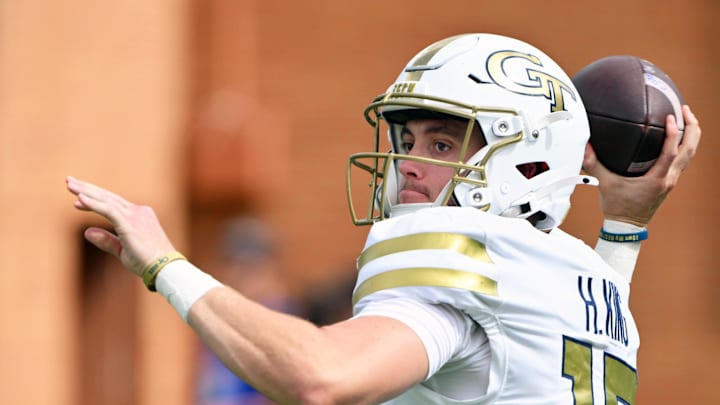 Sep 27, 2025; Winston-Salem, North Carolina, USA;  Georgia Tech Yellow Jackets quarter back Haynes King (10) drops the ball back for a pass in the first quarter against the Wake Forest Demon Deacons at Allegacy Federal Credit Union Stadium. Mandatory Credit: Zachary Taft-Imagn Images