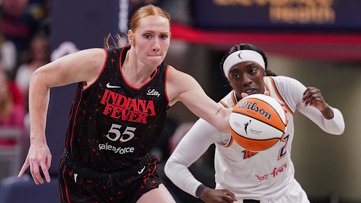 Indiana Fever forward Chloe Bibby (55) rushes up the court Wednesday, July 30, 2025, during the game at Gainbridge Fieldhouse in Indianapolis. The Indiana Fever defeated the Phoenix Mercury, 107-101. Indiana Fever forward Chloe Bibby (55) rushes up the court Wednesday, July 30, 2025, during the game at Gainbridge Fieldhouse in Indianapolis. The Indiana Fever defeated the Phoenix Mercury, 107-101.