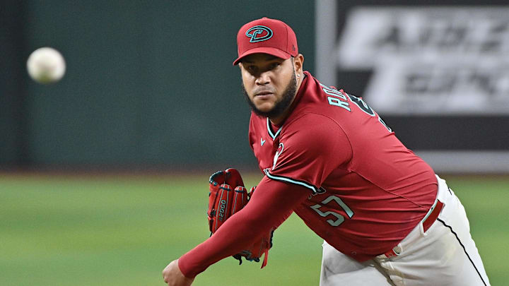 Apr 11, 2025; Phoenix, Arizona, USA; Arizona Diamondbacks pitcher Eduardo Rodriguez (57) throws in the first inning against the Milwaukee Brewers at Chase Field. Mandatory Credit: Matt Kartozian-Imagn Images Apr 11, 2025; Phoenix, Arizona, USA; Arizona Diamondbacks pitcher Eduardo Rodriguez (57) throws in the first inning against the Milwaukee Brewers at Chase Field. Mandatory Credit: Matt Kartozian-Imagn Images