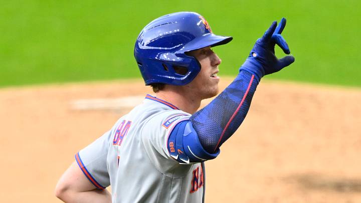 Aug 5, 2026; Cleveland, Ohio, USA; New York Mets third baseman Brett Baty (7) celebrates his solo home run in the third inning against the Cleveland Guardians at Progressive Field. Mandatory Credit: David Richard-Imagn Images