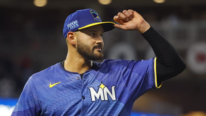 Minnesota Twins starting pitcher Pablo Lopez (49) tips his cap as he leaves the game against the Toronto Blue Jays in the eighth inning at Target Field on Aug 30.