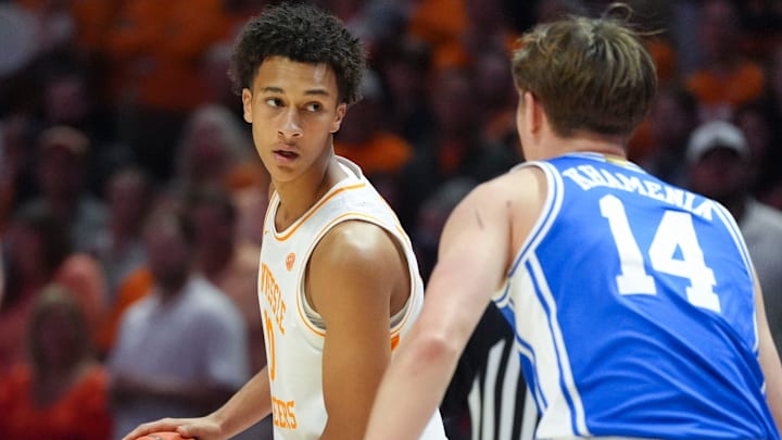 Tennessee forward Nate Ament (10) with the ball while guarded by Duke guard/forward Nikolas Khamenia (14) during a college basketball exhibition game on October 26, 2025, in Knoxville, Tenn. Tennessee forward Nate Ament (10) with the ball while guarded by Duke guard/forward Nikolas Khamenia (14) during a college basketball exhibition game on October 26, 2025, in Knoxville, Tenn.